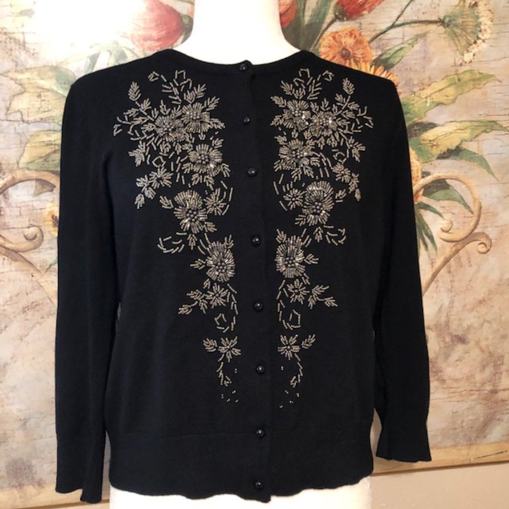 Sz L Spense Silver Beaded Floral Black Cardigan